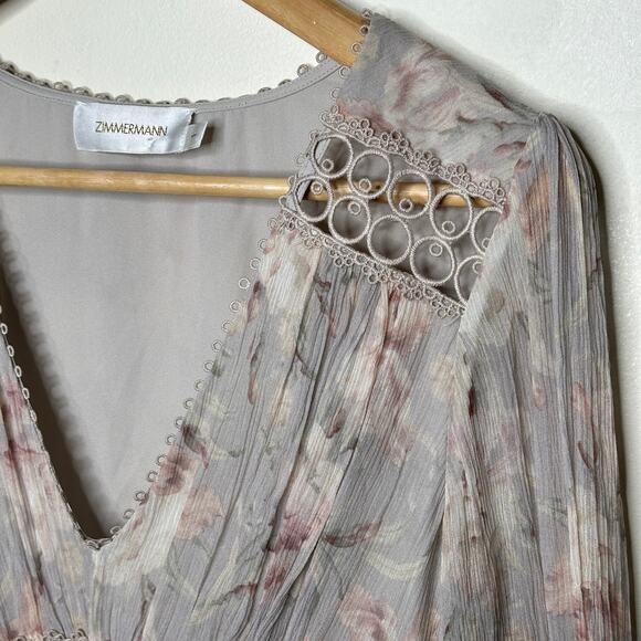 ZIMMERMANN Iris Floral Silk Blouse Pastel Blush Taupe Neutral Sz 1 / S {HH15} - Picture 8 of 11